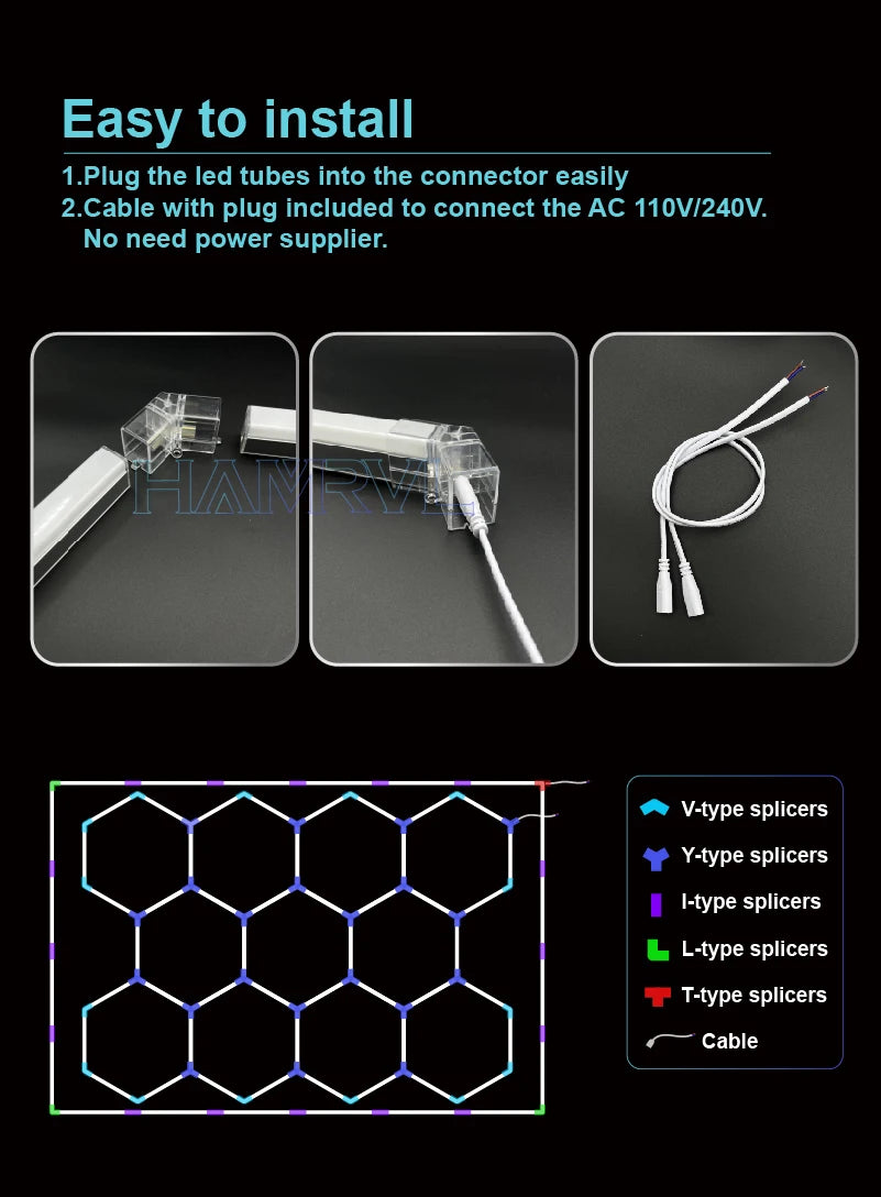 HAMRVL All Copper 2-Pin V/Y/L/T/I Connector and Cable for LED Lamp is Suitable for LED Garage Ceiling Hexagon Light 110-240V