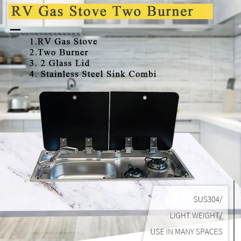 RV Gas Stove Two Burner Rectangular Stainless Steel Sink Combi with 2 Glass Lid 2.18KW 0.8MM Thickness for Car Kitchen