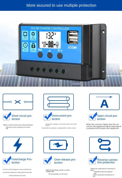 Solar Panel Charge Controller 12V 24V PWM MPPT 10A 20A 30A  Automotive Battery Charger Regulator  USB Output 5V Max PV 50V DC