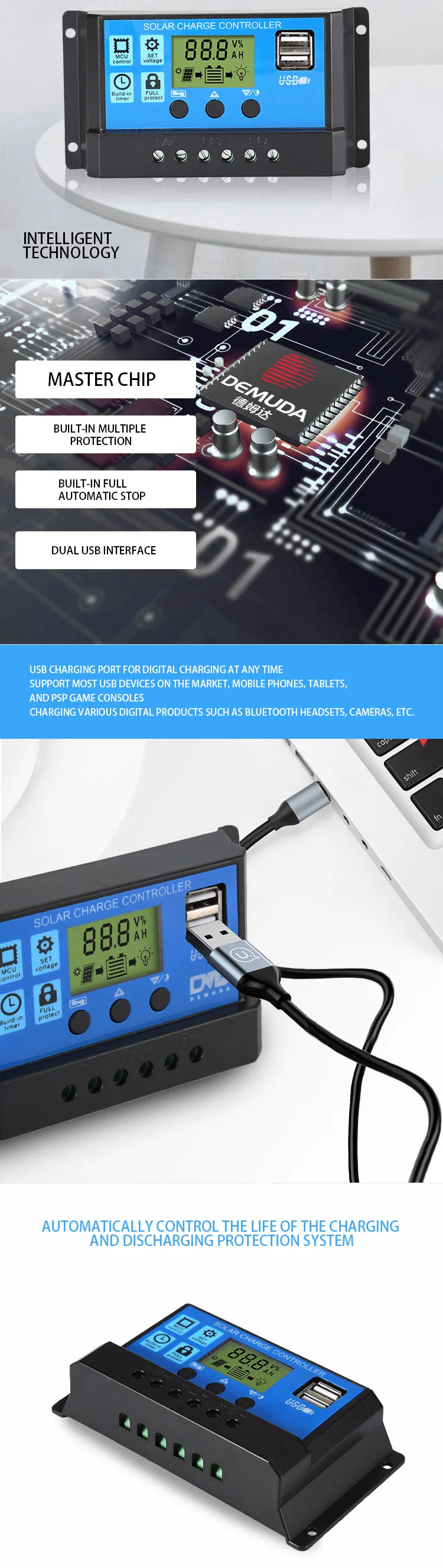 10A 20A 30A 40A 50A 60A Solar Charge Controller 12V 24V Auto PWM 5V Output Regulator PV Home Battery Charger LCD Dual USB