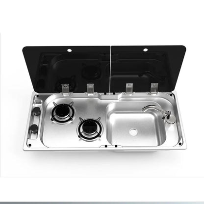 RV Gas Stove Two Burner Rectangular Stainless Steel Sink Combi with 2 Glass Lid 2.18KW 0.8MM Thickness for Car Kitchen