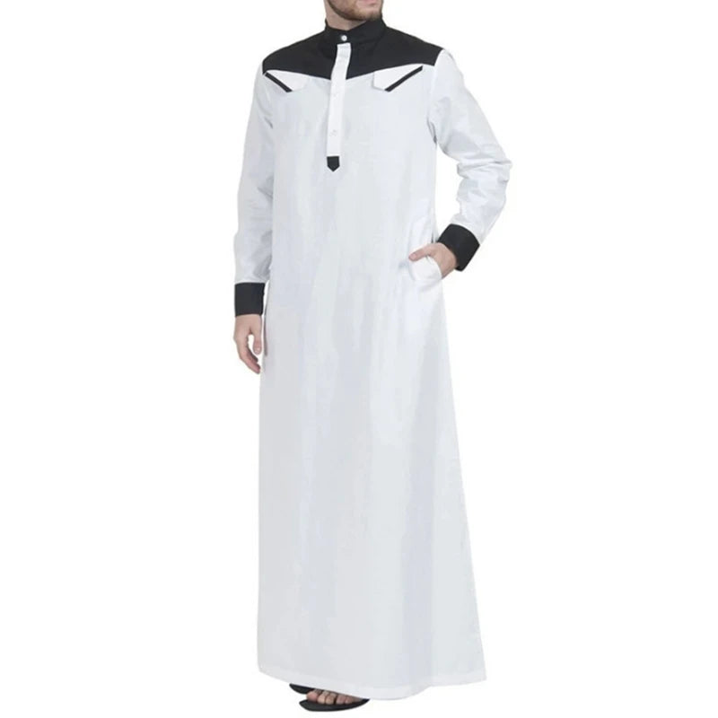 Traditional Muslim Clothing Contrast Color Muslim Dress Middle East Jubba Thobe Men Robe w/ Long Sleeves Mandarin Neck