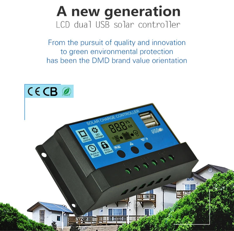 10A 20A 30A PWM Solar Charge Controller 12V/24V Solar Regulator USB 5V Panel Battery Regulator Intelligent LCD Display