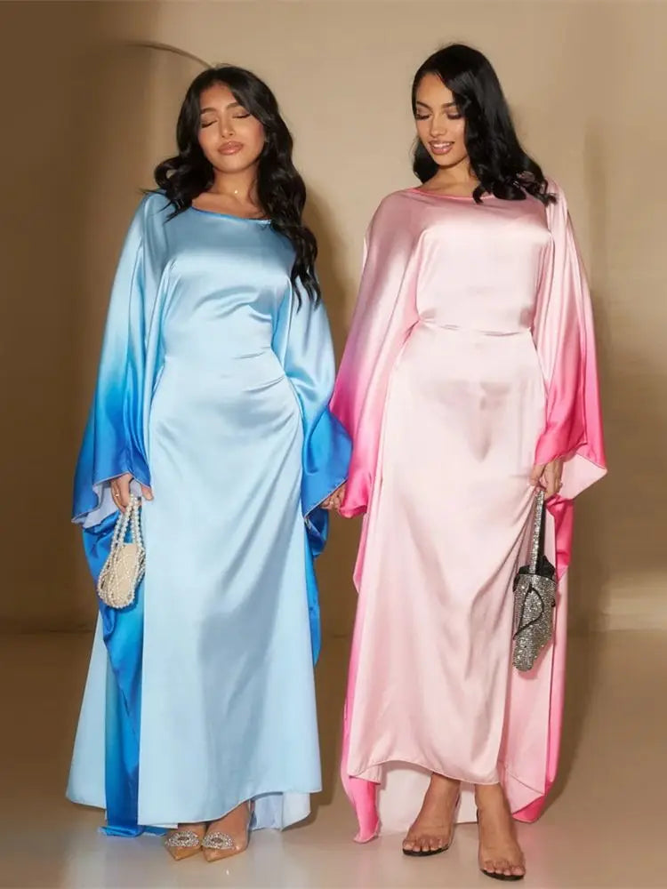 Gradient Batwing Butterfly Sleeve Satin Abaya Dubai Luxury Muslim Kaftan Dress For Women Kebaya Caftan Marocain Femme Vestidos