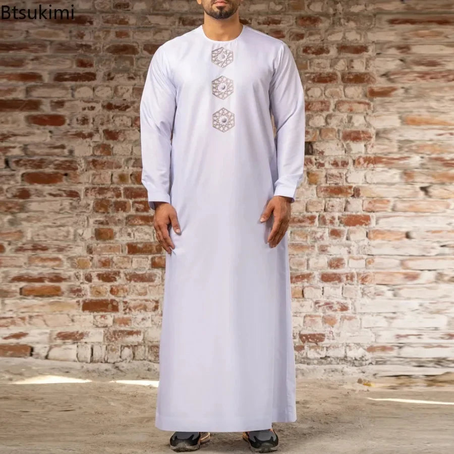 Eid Muslim Fashion Men Jubba Thobe Embroidery Stand Collar Dubai Arab Long Dress Islamic Ramadan Robe Saudi Musulman Abaya Male