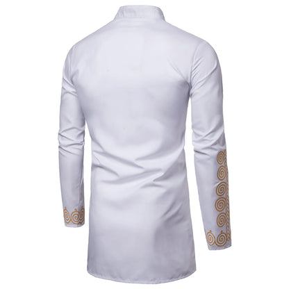 2023 Muslim Men shirts Luxury Casual Islamic Arabic Abaya Robe Fashion Ethnic Print Stand Collar Youth Mid-length Cosplay Cos