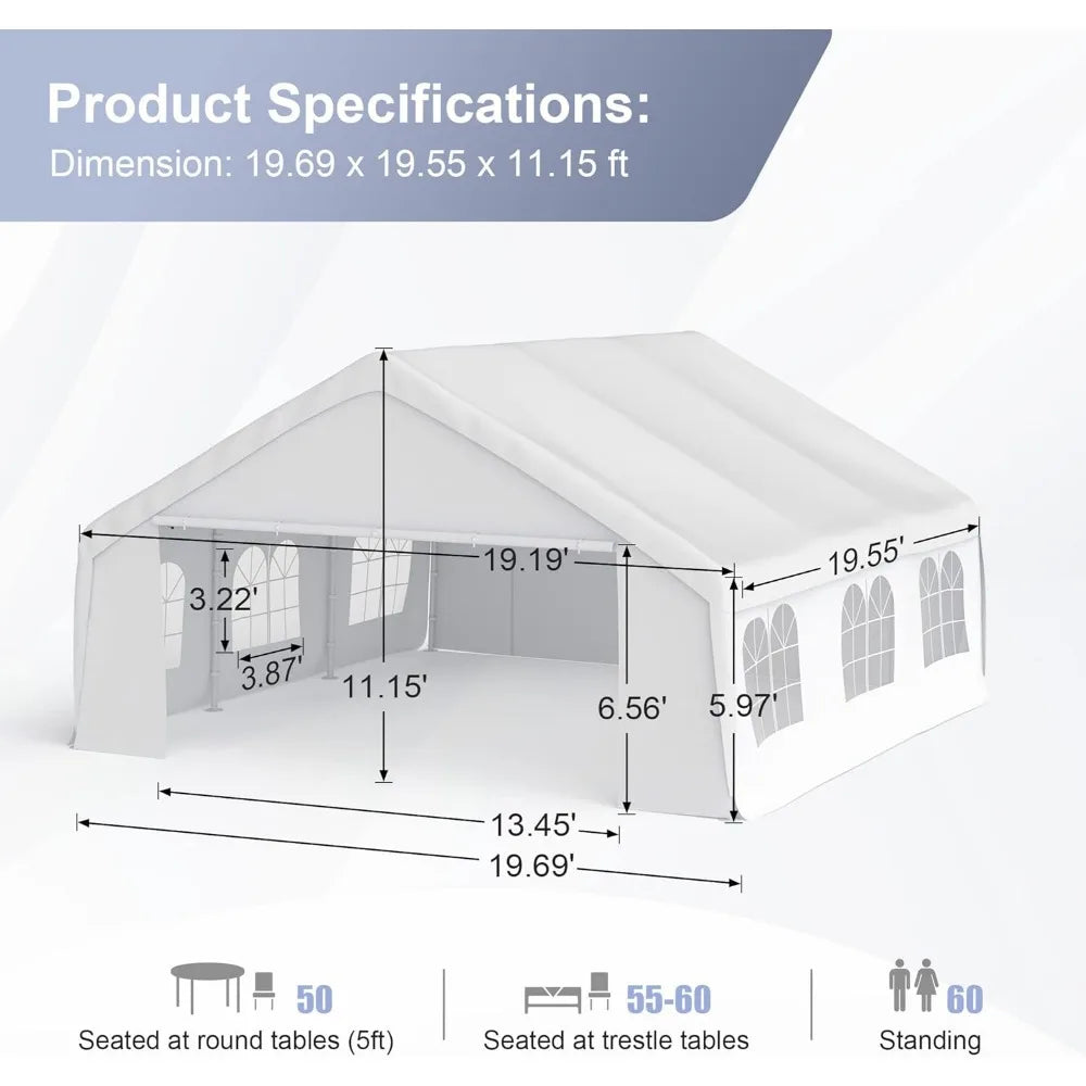 Canopy Tent for Parties Heavy Duty 20'x20' Car Tent Carport Portable Garage Removable Sidewalls  Water Resistant Fabric , White