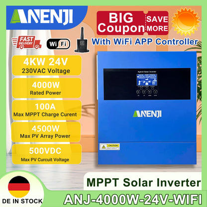 4KW Solar Inverter Hybrid Off Grid 230V MPPT 100A PV 500VDC Pure Sine Wave Solar Controller With WIFI Support BMS