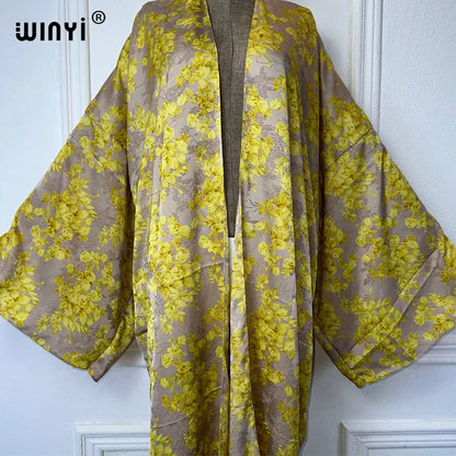 WINYI 2024 High-quality Double-sided Print Silk feel Dress Beach Wear Boho Cardigan abaya women muslim dress Long Sleeve Kimono