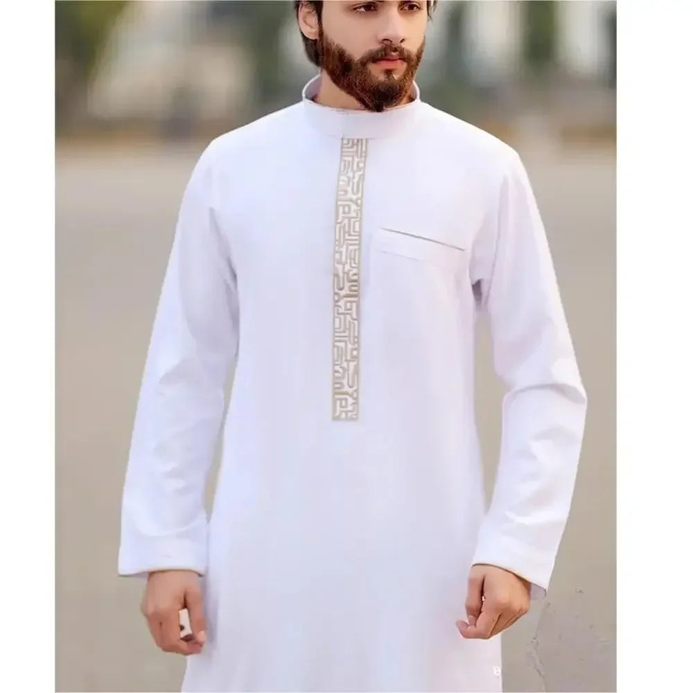 New 2025 Arab Men's Robe Abaya White Muslim Printed Clothing Men's Robe Long Dress Abaya Muslim Clothes for Men Gift Kaftan Men