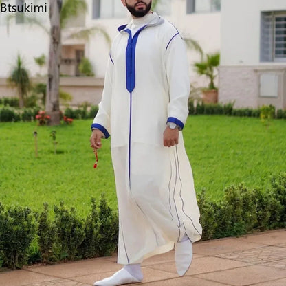 New 2025 Muslim Men Abaya Arabic Islamic Clothing Loose Shirt Robe Jubba Thobe Ethnic Print Saudi Arab Middle East Male Vestidos