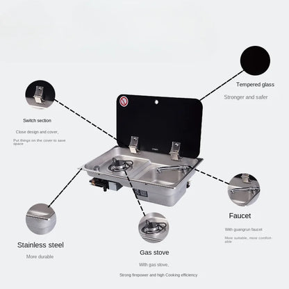 Stainless steel single burner Gas stove and sink combo with tempered glass lid for RV caravan yacht 536*318*146/120mm