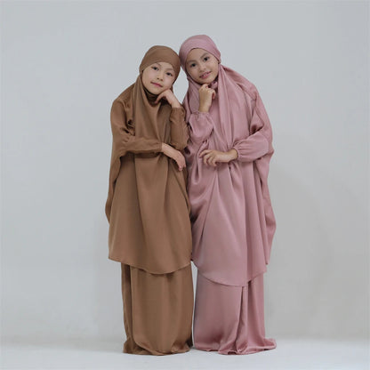 Gowns for Kids Girls Islamic Clothing 2 Piece Sets Dubai Muslim Outfits Overhead Hijabs Abaya Khimar Skirt Ramadan Eid Dresses