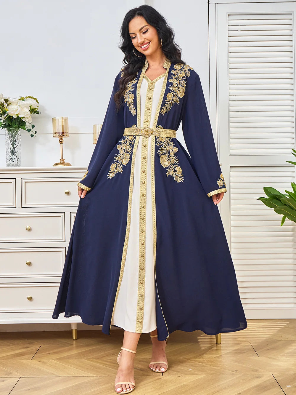 Traditional Algerian Kaftan for Women, Dubai Moroccan Arabic Dress Takchita 2 Piece Set with Belt, Party Turkish Caftan, Ramadan