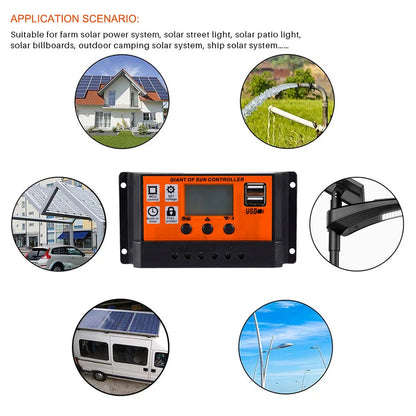 100A/80A/60A/30A/10A PWN Auto Solar Charge Controller Dual USB LCD Display Output 5V Auto Solar Panel Battery Charge Regulator