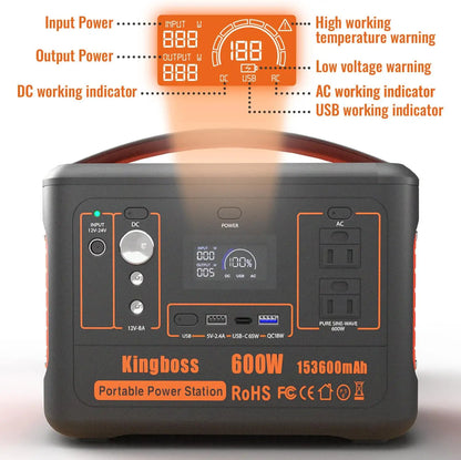 Portable Generator Power Station 600W (Peak 1200W) Kingboss 153600mAh 568WH Lithium Battery 110V/600W AC Outlet 2*DC Carport