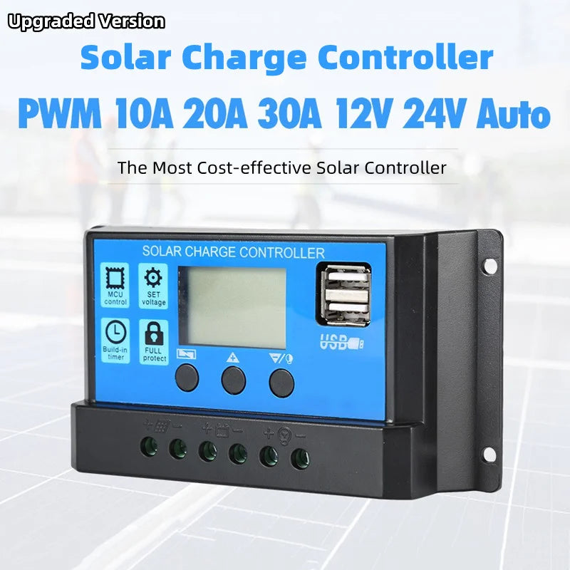 Upgraded 10A 20A 30A Solar Controller 12V/24V Auto Solar Panel PV Regulator PWM Battery Charger 5V Output LCD Display Dual USB