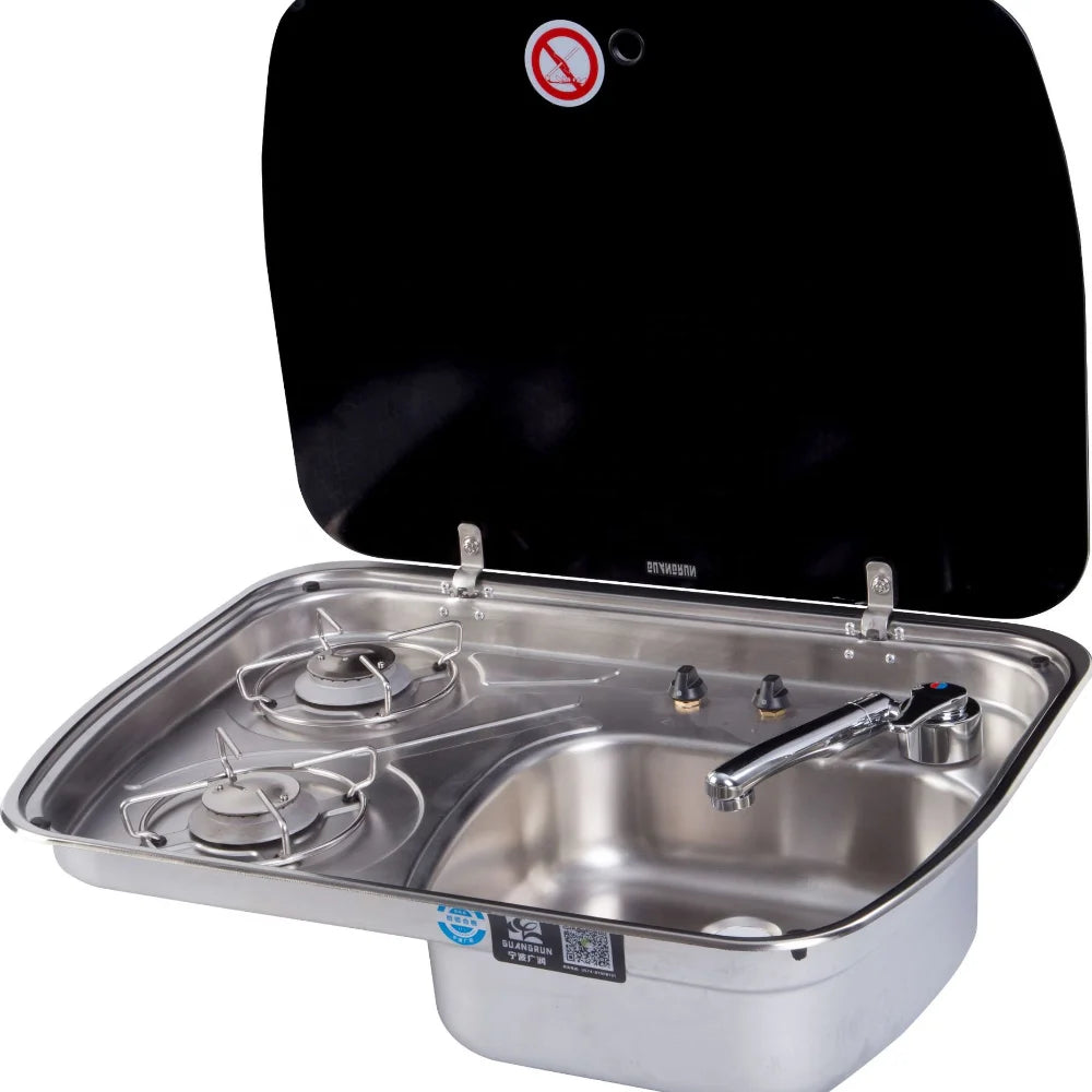 Motorhome Sink and Cooktop Stove Hob Combo with Tempered Glass Lid Built-in 2 Burner for Caravan Camper Boat Yacht