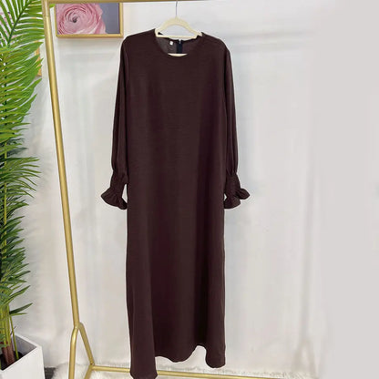 Under Abaya Inner Long Slip Dress Solid Color Smocked Cuffs Islamic Clothing Muslim Woman Casual Dubai Turk Modest Hijabi Robe