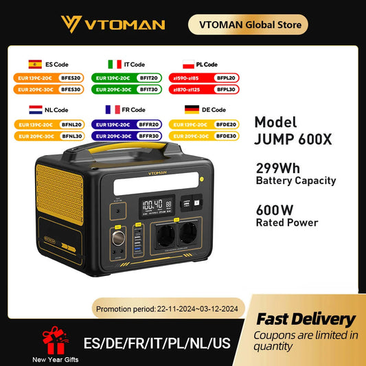 VTOMAN JUMP 600X Portable Power Station 299Wh Solar Generator LiFePO4 1200W Peak Power Powerstation Emergency Backup