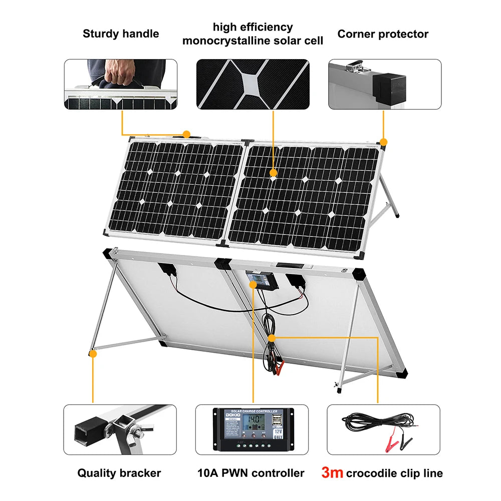 DOKIO 100W 160W 200W Foldable Solar Panel China 10A/20A 12V Controller Folding Photovoltaic Cell/System Charger Solar Board