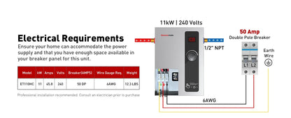 Tankless Water Heater Electric, 11kW at 240 Volt, On Demand Instant Hot Water Heater for Point of Use, Self-Modulatin