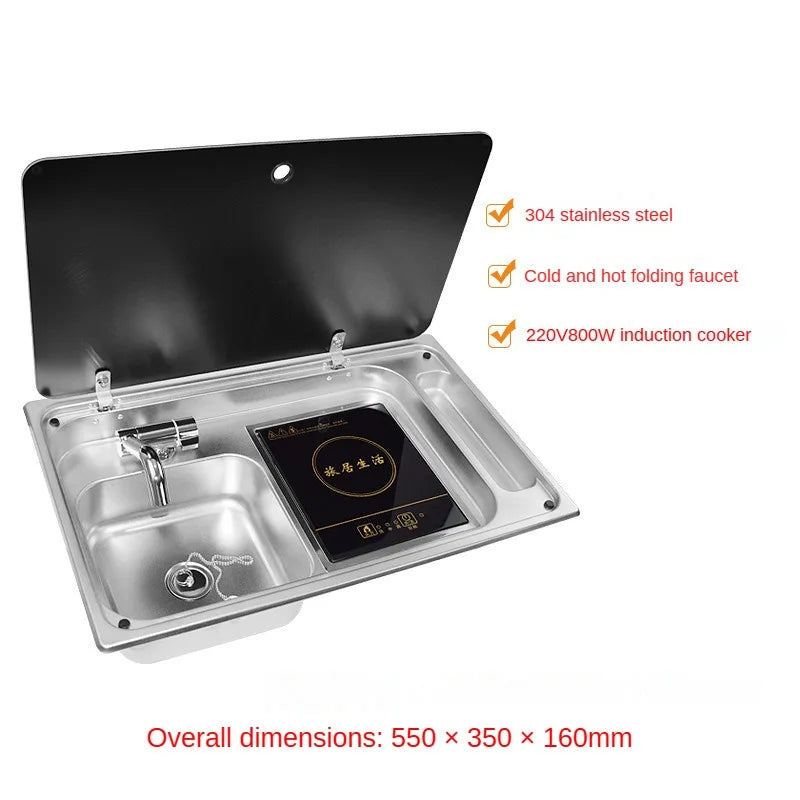 RV Stainless Steel Sink and Induction Cooker Combination Unit with Tempered Glass Lid for RV Caravan Motorhome Yacht