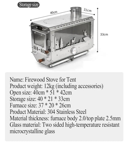 Camping Firewood Stove Outdoor Tent Heating Stove Picnic Cooking wood Stove with Chimney Furnace