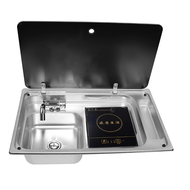 RV Stainless Steel Sink and Induction Cooker Combination Unit with Tempered Glass Lid for RV Caravan Motorhome Yacht