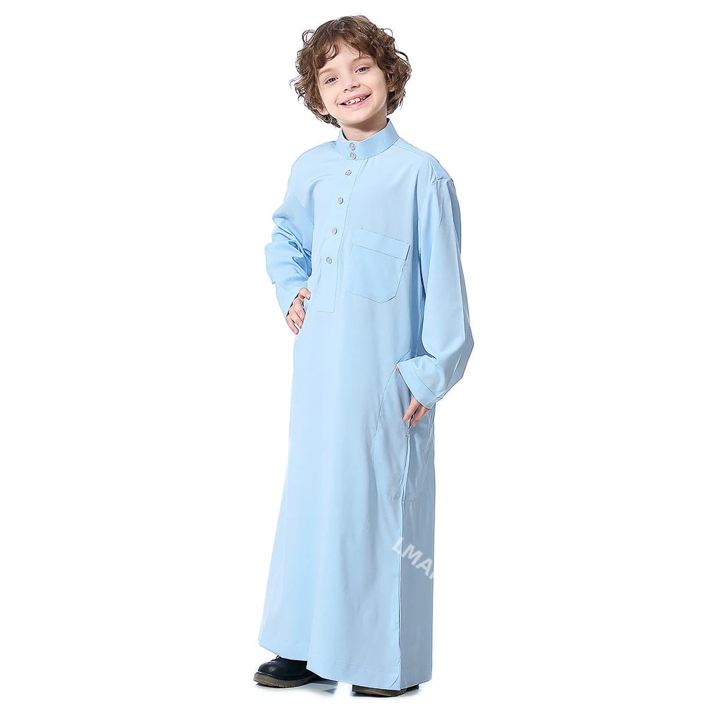 Solid Stand Collar Boys Kids Islamic Muslim Juba Kaftan Robe Arabian Dubai Qatar Children Long Dress Singel-Breasted Abaya Robe