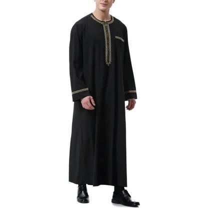 Men's Muslim Robes Middle East Arab Ramadan Islamic Clothing Solid Color Casual Lace Round Neck Long Sleeve T-shirt Dress Tunic