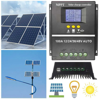 100A MPPT Solar Charge Controller Solar Panel Regulator LCD Display Auto Solar Charge Controller 12V 24V 36V 48V for Solar Panel