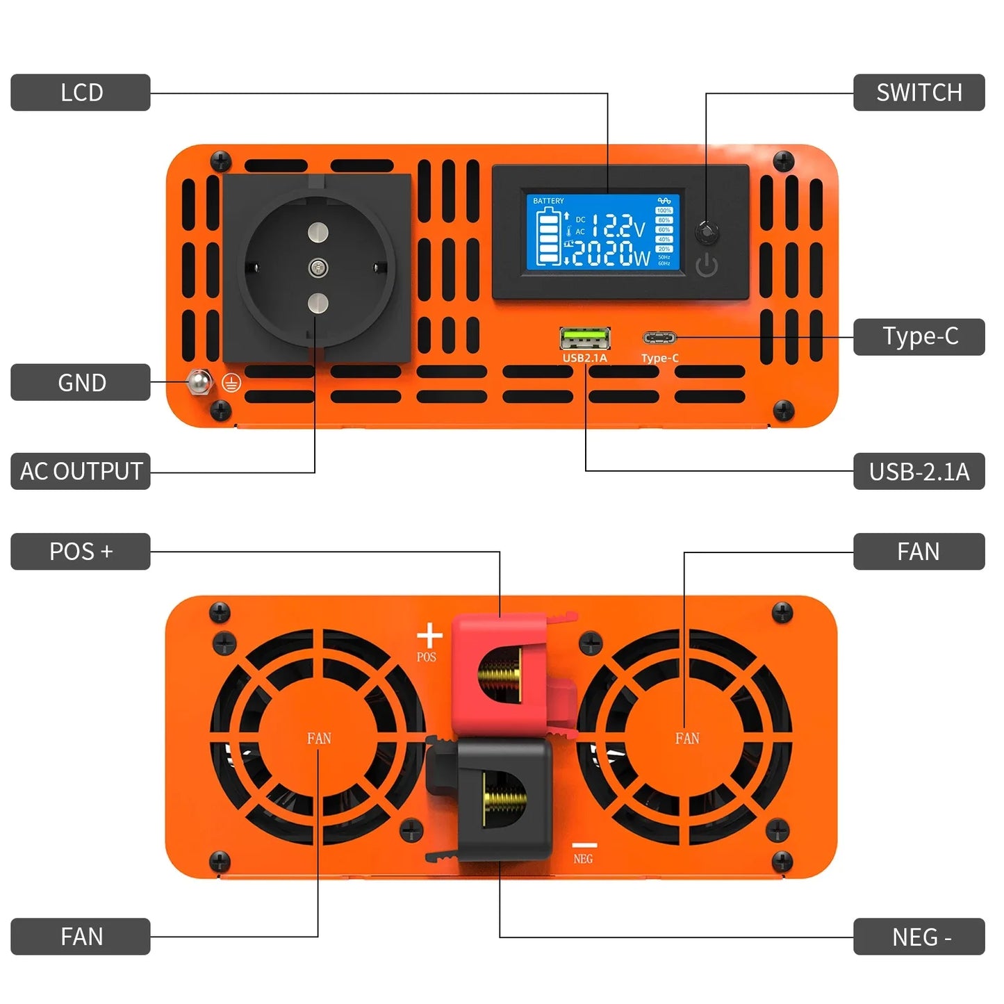 DATOUBOSS Pure Sine Wave Inverter 4000W DC 12V 24V 36V 48V 60V 72V to AC 220V 240V  Continuous Power 2000W With LCD Inverter