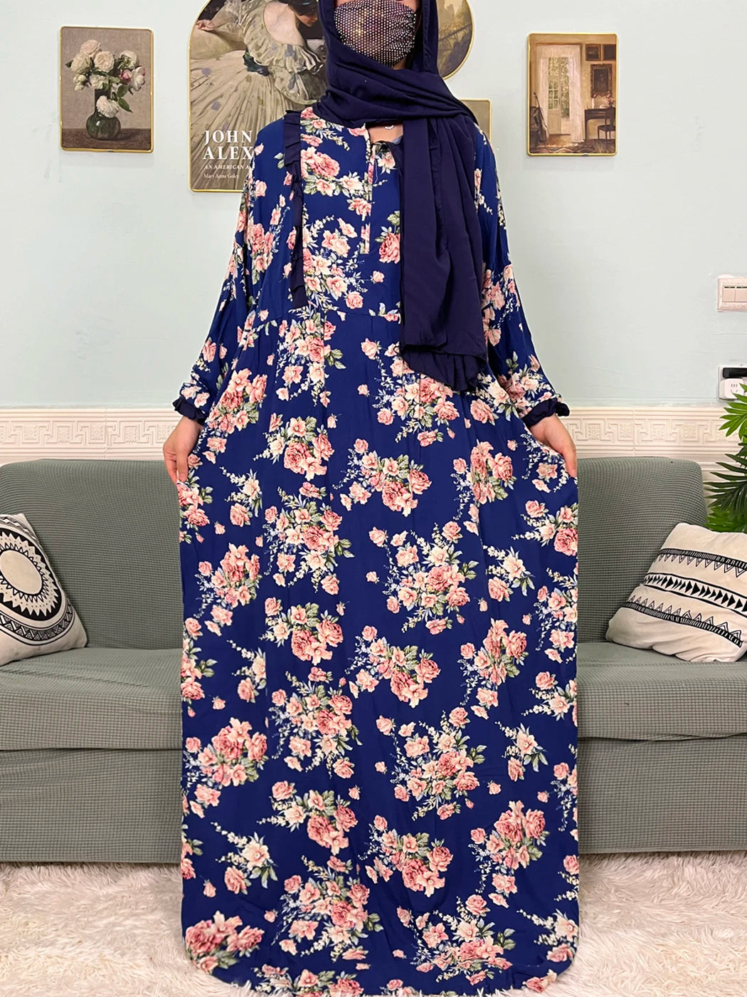 Muslim Traditional Ramadan Abayas For Women's Prayer Garment Cotton Printed Floral Boubou Loose Femme Robe Connected Headscarf