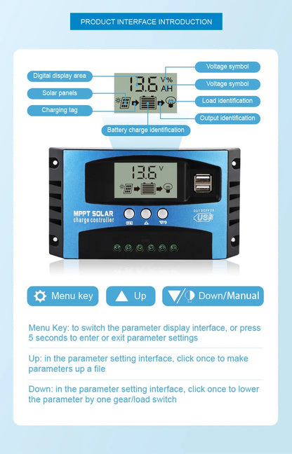 New Arrival 12V 24V Auto MPPT Solar Charge Street Light Controller 30A 40A 60A Solar Panel PV Regulator LCD Display 5V Dual USB