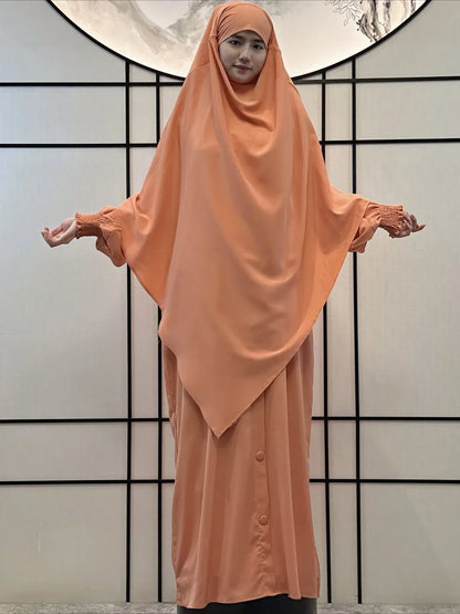 Muslim Women Prayer Dress with Khimar Hijab 2 Piece Set Eid Abaya Long Robe Headscarf Islamic Morocco Kaftan Vestidos Jalabiya