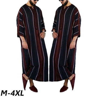 Men Vintage Abaya Arabic Muslim Long Robes Islamic Clothing Loose Shirt Jubba Thobe Stripe Saudi Arab Middle East Muslim Dresses