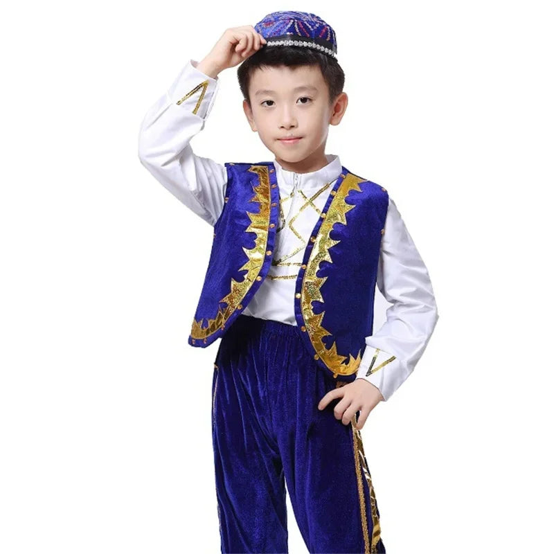 Traditional Muslim Clothing for Islamic Boy Arabic Jubba Thobe Arab Performance Saudi Arabia Dance Wear Top Pant Hat Set