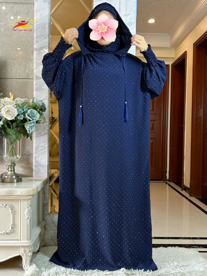 New Ramadan Muslim Double hat Solid Cotton Abaya Dubai Turkey Islam Prayer ClothesWith Stones Dress Islam Women Dress Kaftan