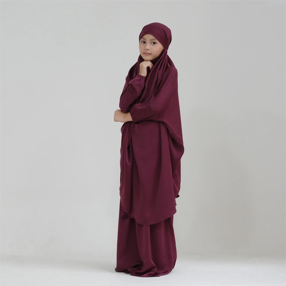 Gowns for Kids Girls Islamic Clothing 2 Piece Sets Dubai Muslim Outfits Overhead Hijabs Abaya Khimar Skirt Ramadan Eid Dresses