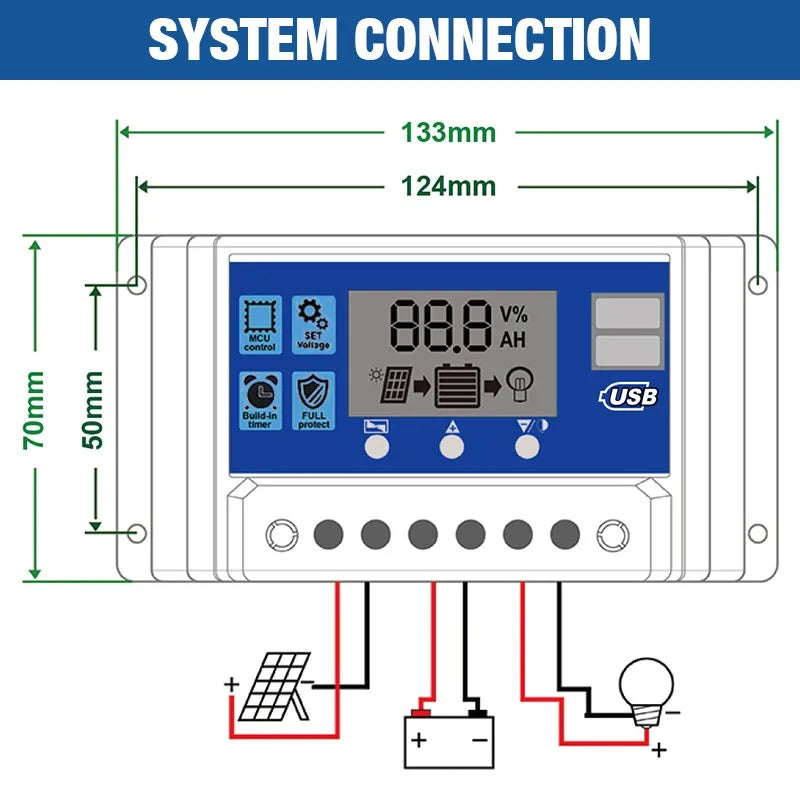 10A 12V 24V PWM Solar Controller Light &Time Control Auto Adapte Solar Charge MCU Controller Dual USB Port LCD Display Hot Sale