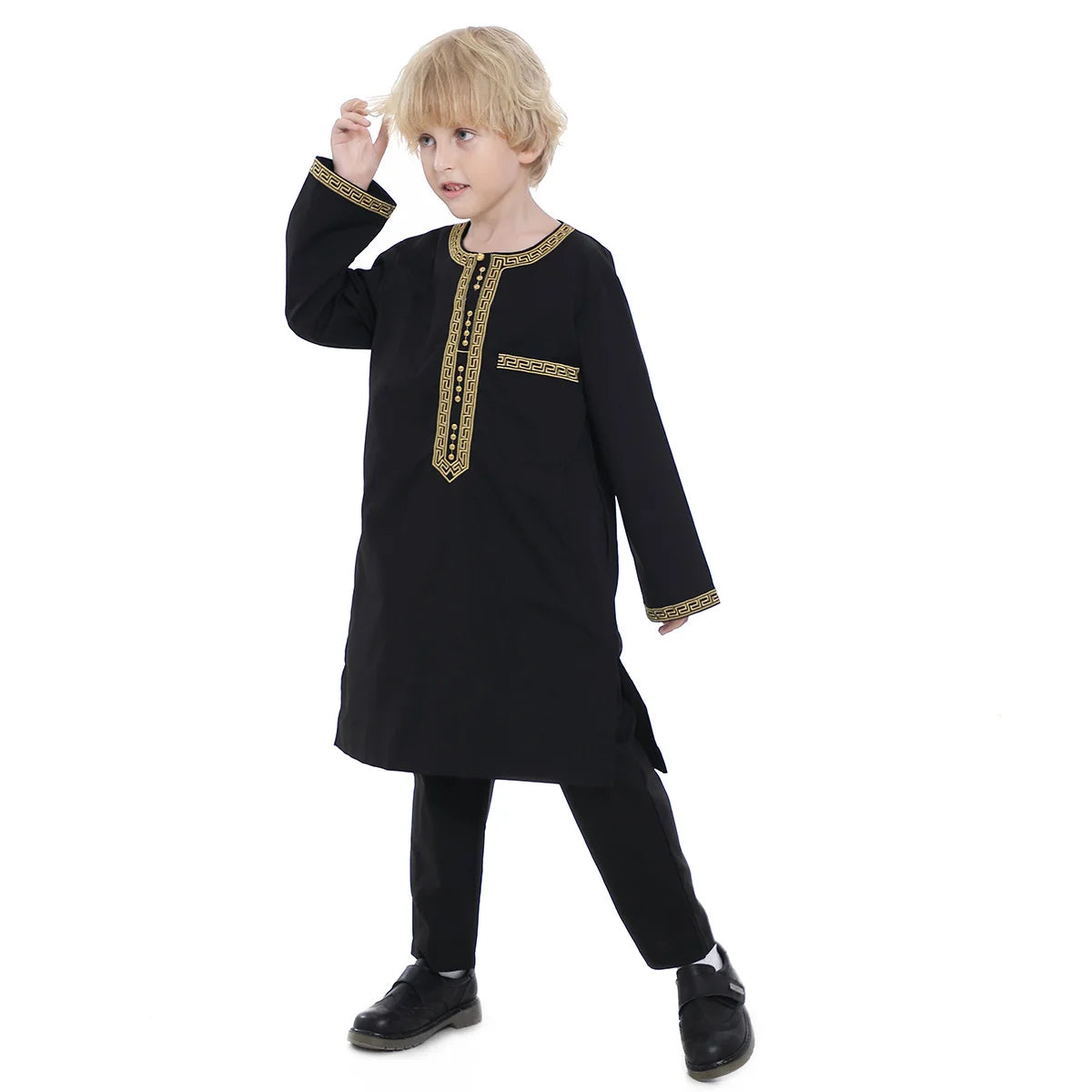 2025 Muslim Children Robe 2pc Set Long Sleeve Embroidery Dress Shirt+Pants Boys Fashion Abaya Kaftan Thobe Kids Islamic Clothing