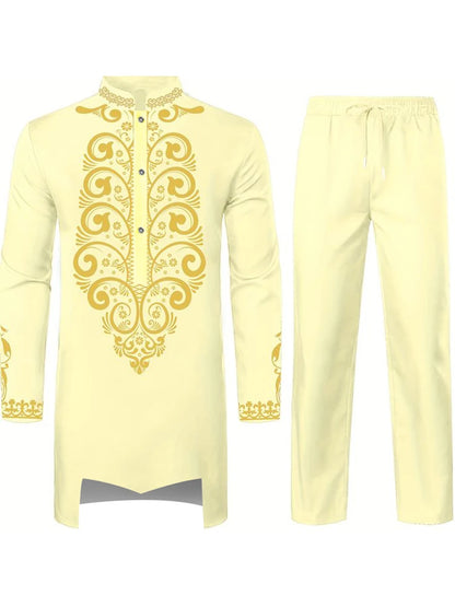 Muslim Robe Navy Blue Long-Sleeved Trousers The Traditional Dress of Arab Men 3D Pattern Printing Black White Yellow