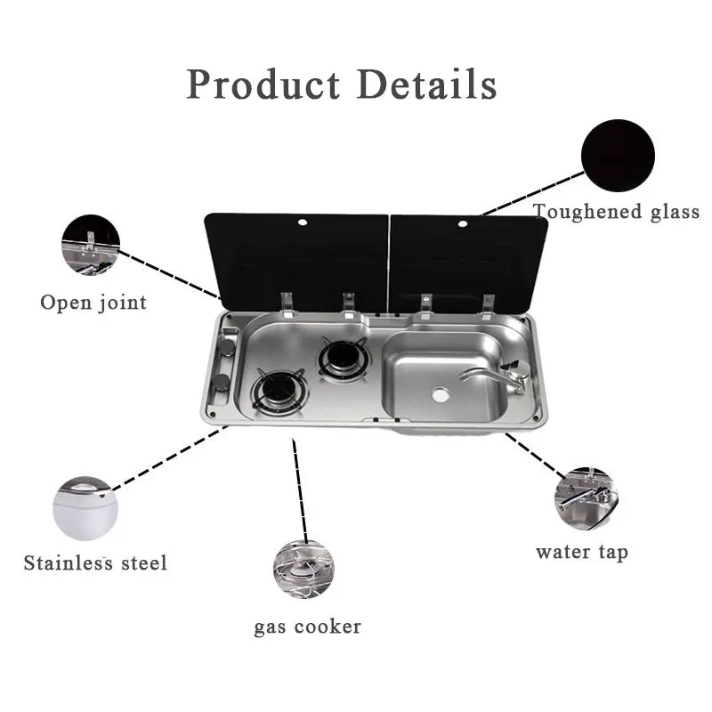 RV Gas Stove Two Burner Rectangular Stainless Steel Sink Combi with 2 Glass Lid 2.18KW 0.8MM Thickness for Car Kitchen