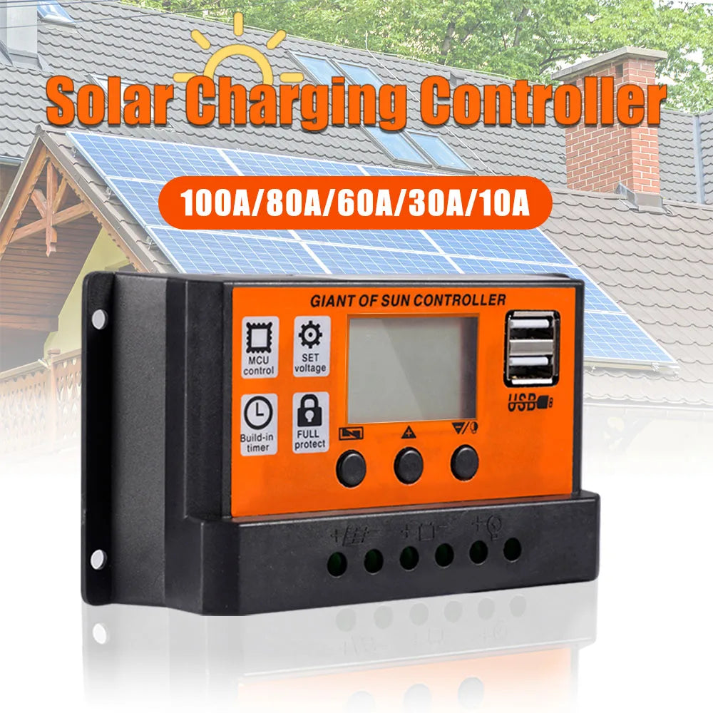 100A/80A/60A/30A PWN Auto Solar Charge Controller Dual USB LCD Display Output 5V Auto MPPT Solar Panel Battery Charge Regulator