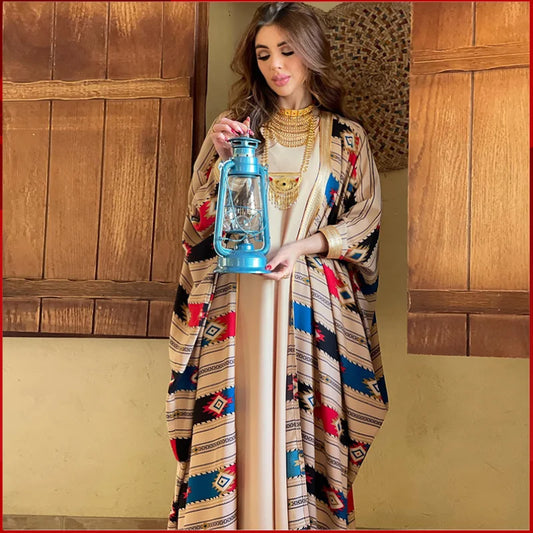 2024 New Stock Muslim Solid Color Tank Top Tower Stripe Bat Sleeve Coat Two Piece Arabic Panel Print Long Dress