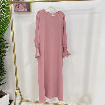 Under Abaya Inner Long Slip Dress Solid Color Smocked Cuffs Islamic Clothing Muslim Woman Casual Dubai Turk Modest Hijabi Robe