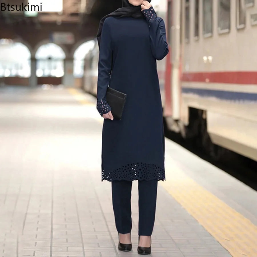 2024 Women Muslim Abaya Sets Fashion Hollow Out Long Sleeve Dreess and Pants Two Pieces Women Islamic Clothing Arab Dubai Kaftan