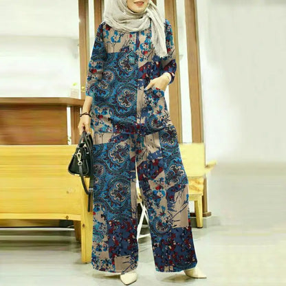 Women Autumn Matching Sets ZANZEA Bohemain Printed Blouse Wide Leg Pant Sets Woman Muslim Suit Fashion 2pcs Floral Tracksuits