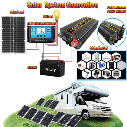 600W Solar Panel 6000W Inverter 12V To 110V/220V Solar Power Generation System Home Outdoor Car Mobile Phone Solar Charging